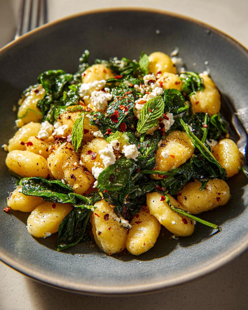 A close-up of a bowl of Creamy Gnocchi with Spinach and Feta, topped with chili flakes and mint.