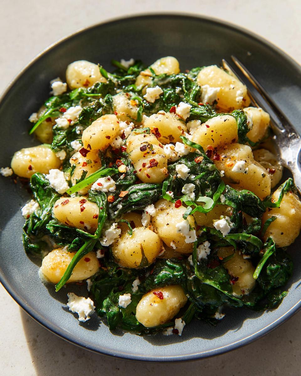 A close-up of creamy gnocchi with spinach and feta cheese, sprinkled with red pepper flakes.