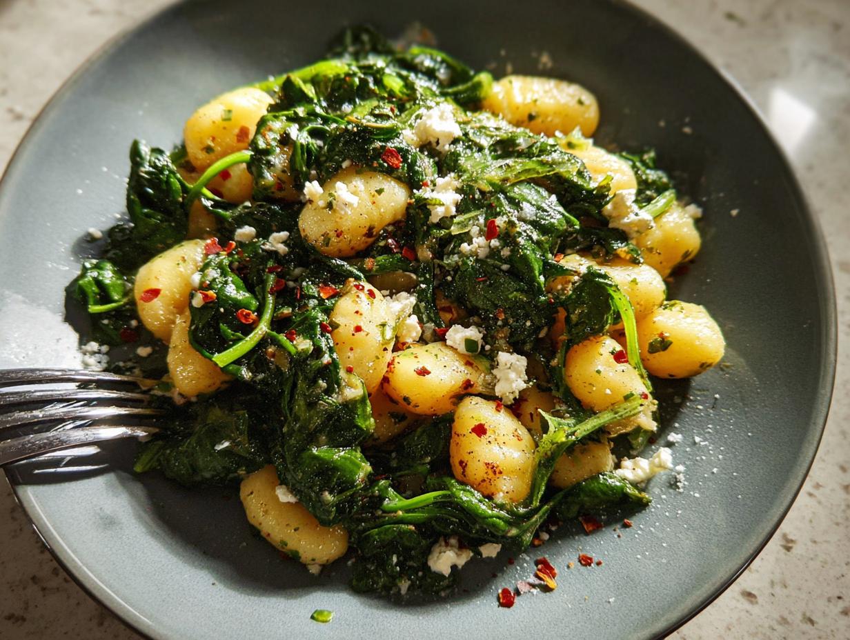 A close-up of creamy gnocchi with spinach and feta cheese, sprinkled with red pepper flakes.