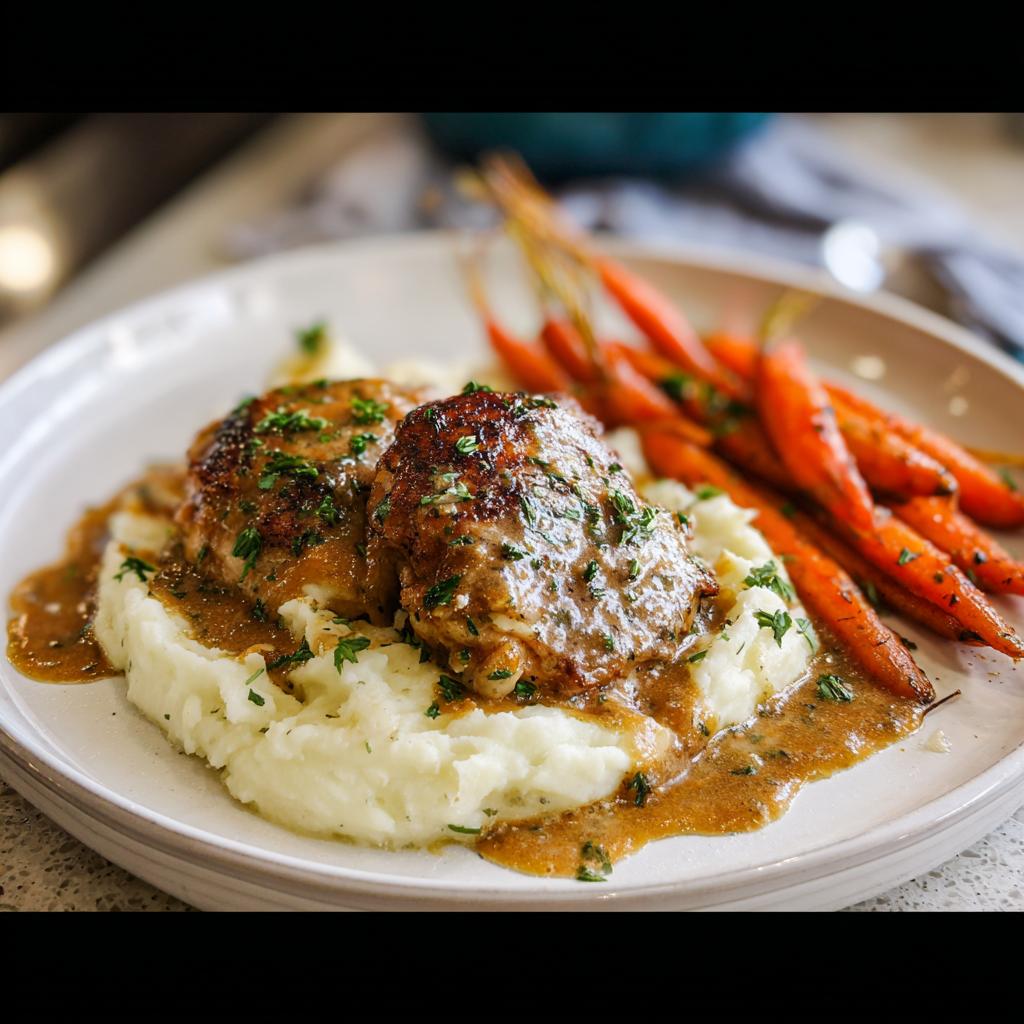 Two pieces of Creamy Herb Chicken served over mashed potatoes with glazed carrots and a rich herb sauce.