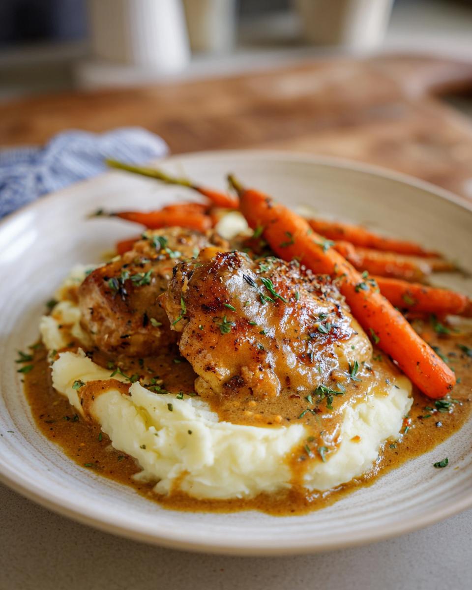 A plate of creamy herb chicken served with mashed potatoes and glazed carrots, drizzled with sauce.