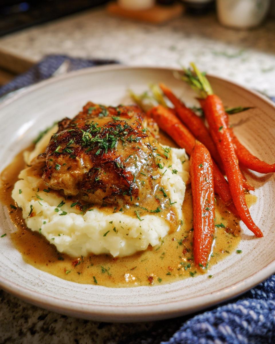 A plate of creamy herb chicken served over mashed potatoes with glazed carrots, topped with fresh herbs.