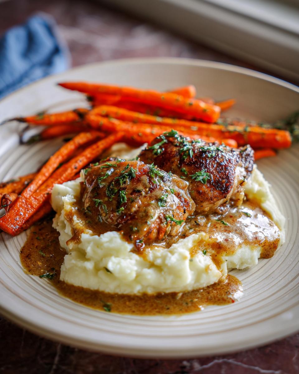 A plate of Creamy Herb Chicken with Mashed Potatoes and glazed carrots, drizzled with sauce and garnished with herbs.