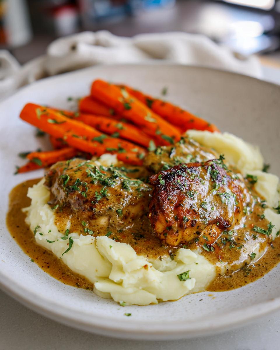 A plate of creamy herb chicken served with fluffy mashed potatoes and glazed carrots, all drizzled with a savory sauce.