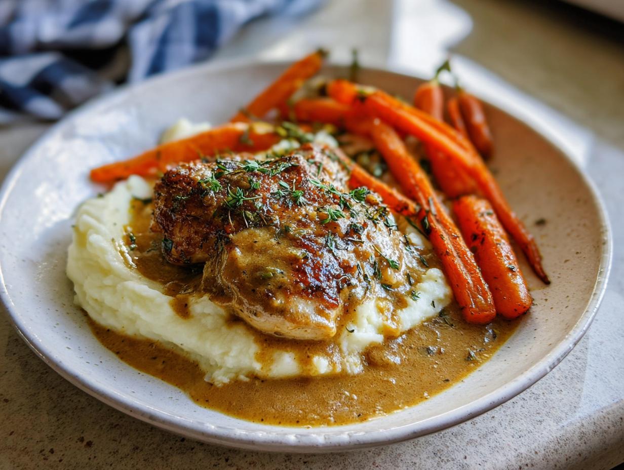 A plate of creamy herb chicken served with mashed potatoes and glazed carrots, topped with fresh herbs.