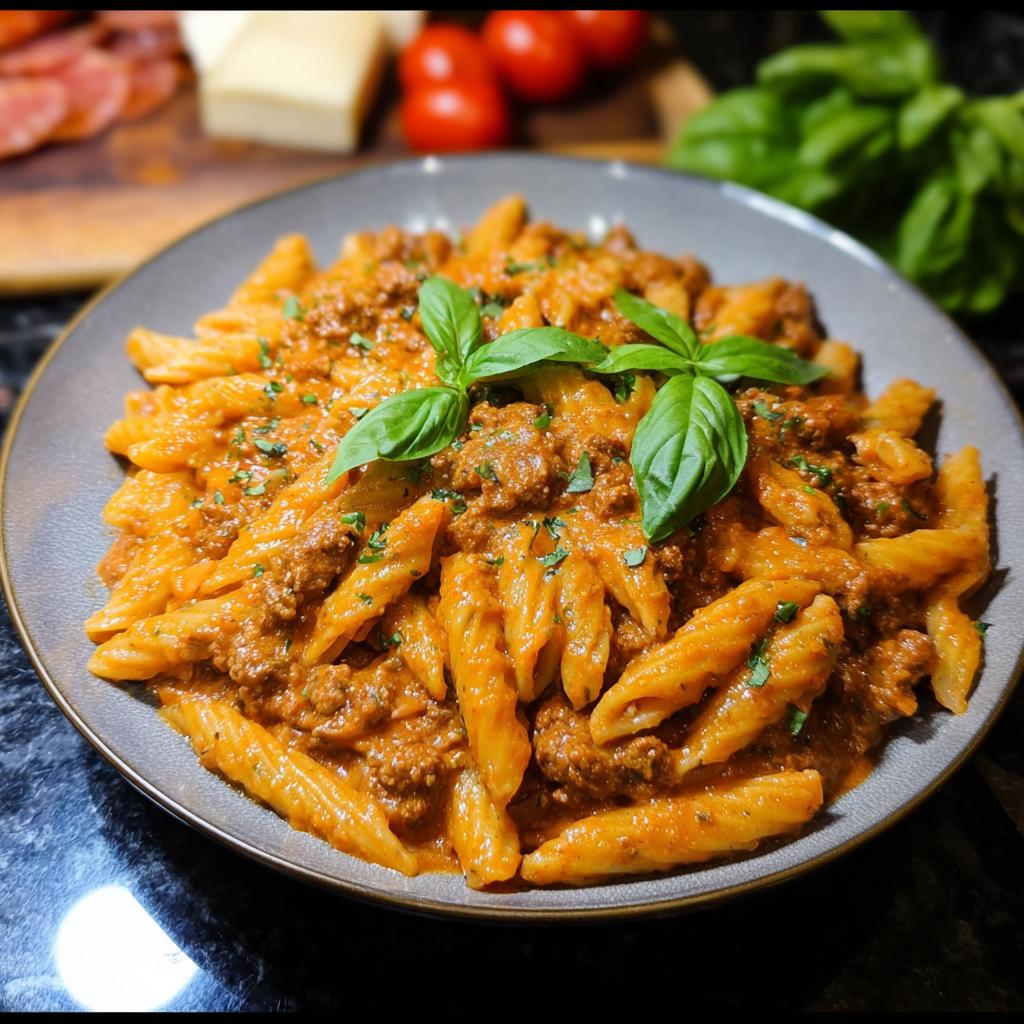 A close-up of a bowl of Creamy High Protein Beef Pasta, garnished with fresh basil leaves.