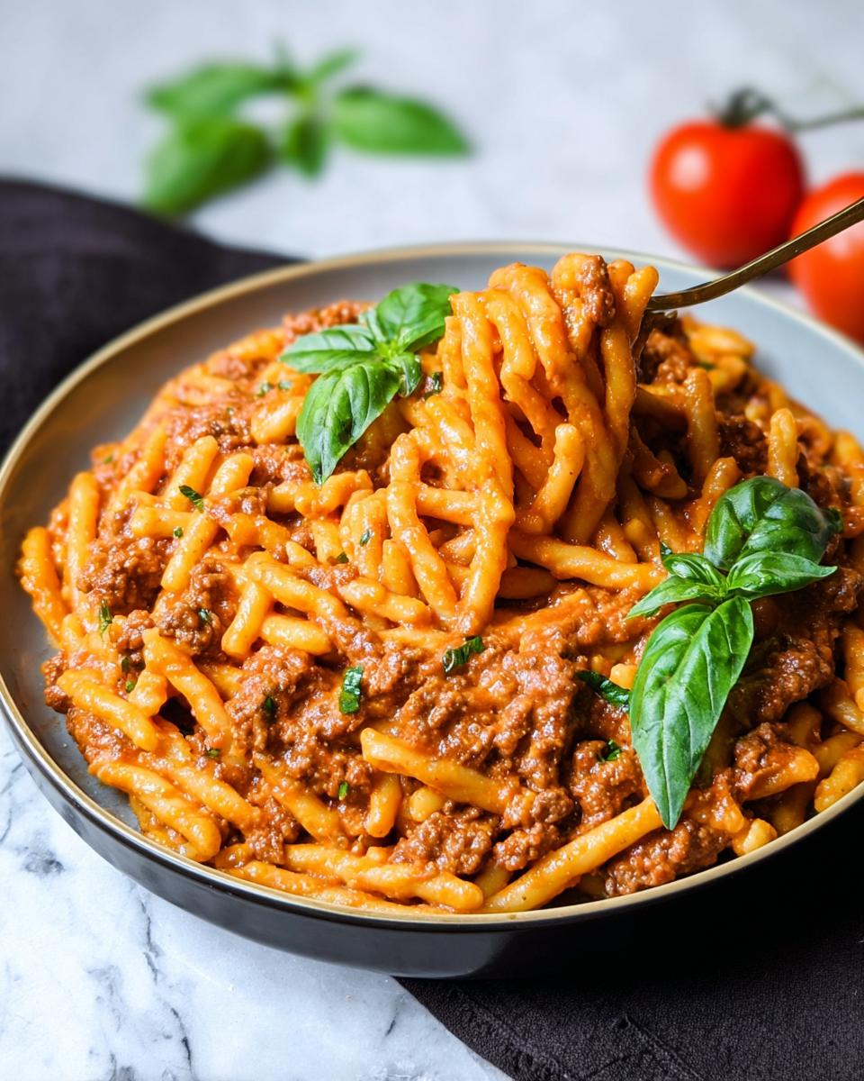 A fork twirls a portion of creamy high protein beef pasta, garnished with fresh basil leaves.
