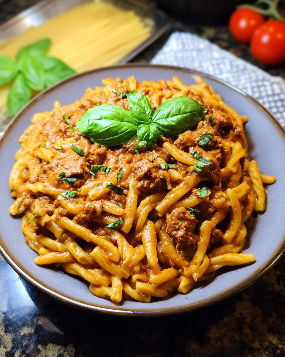 A close-up of a plate filled with Creamy High Protein Beef Pasta, topped with fresh basil leaves.