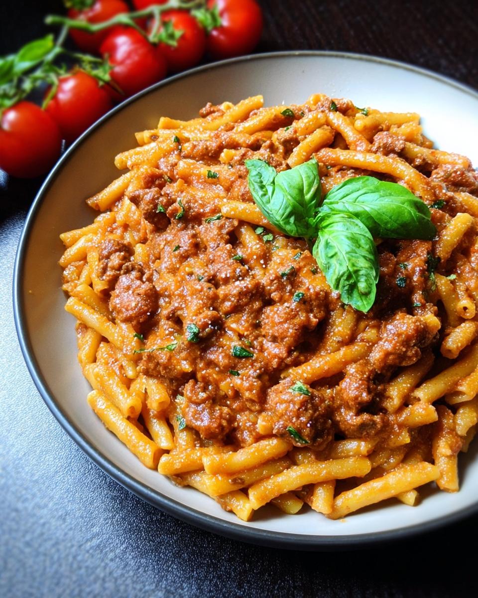 A close-up of a bowl of Creamy High Protein Beef Pasta, garnished with fresh basil leaves and cherry tomatoes in the background.