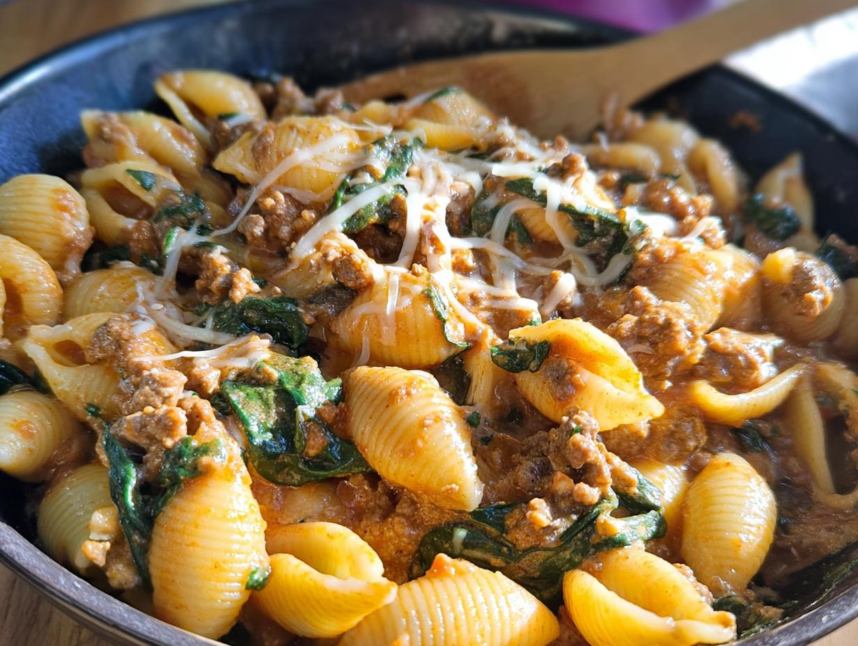A close-up of creamy high protein beef pasta with shell pasta, spinach, and melted cheese.