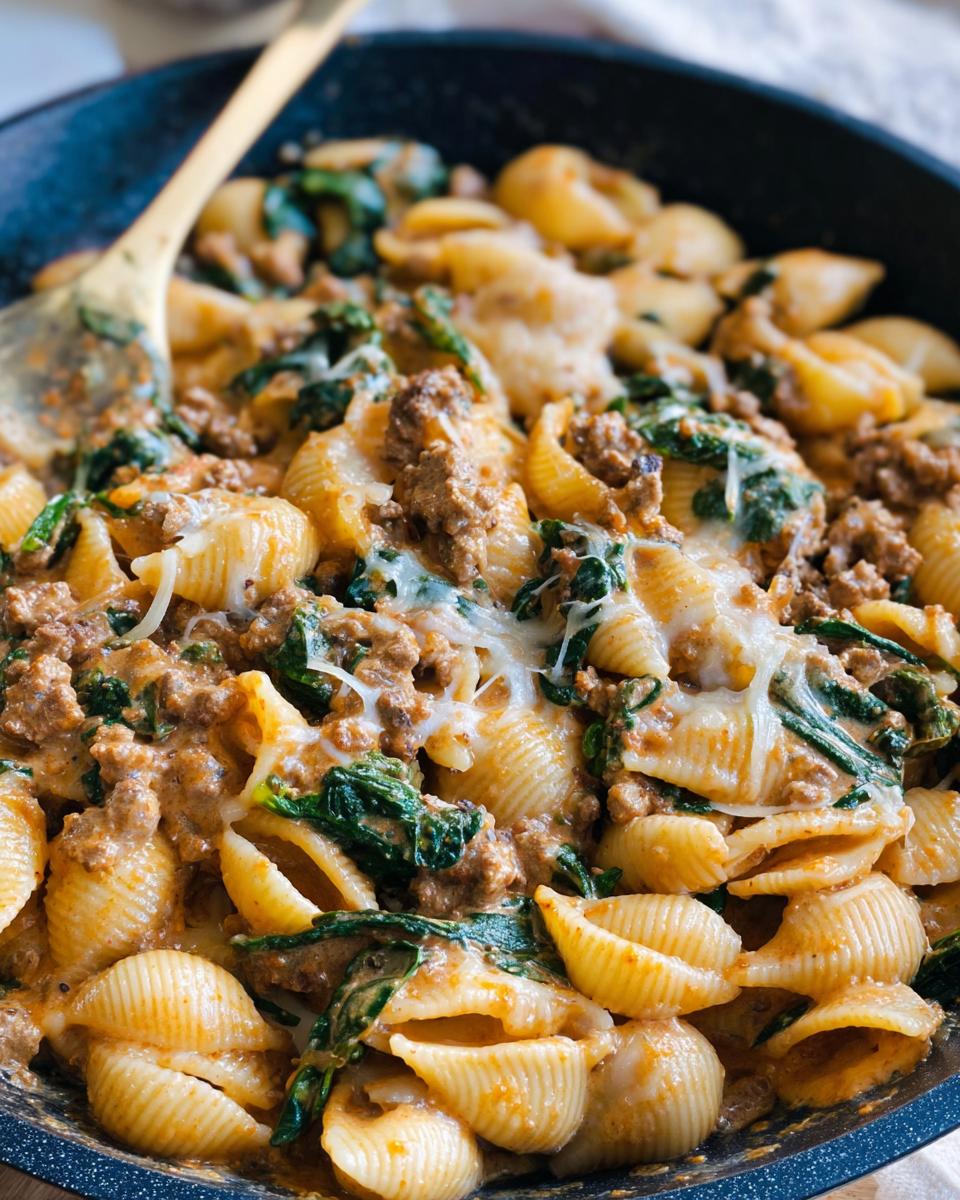 Close-up of Creamy High Protein Beef Pasta with spinach and melted cheese in a skillet.