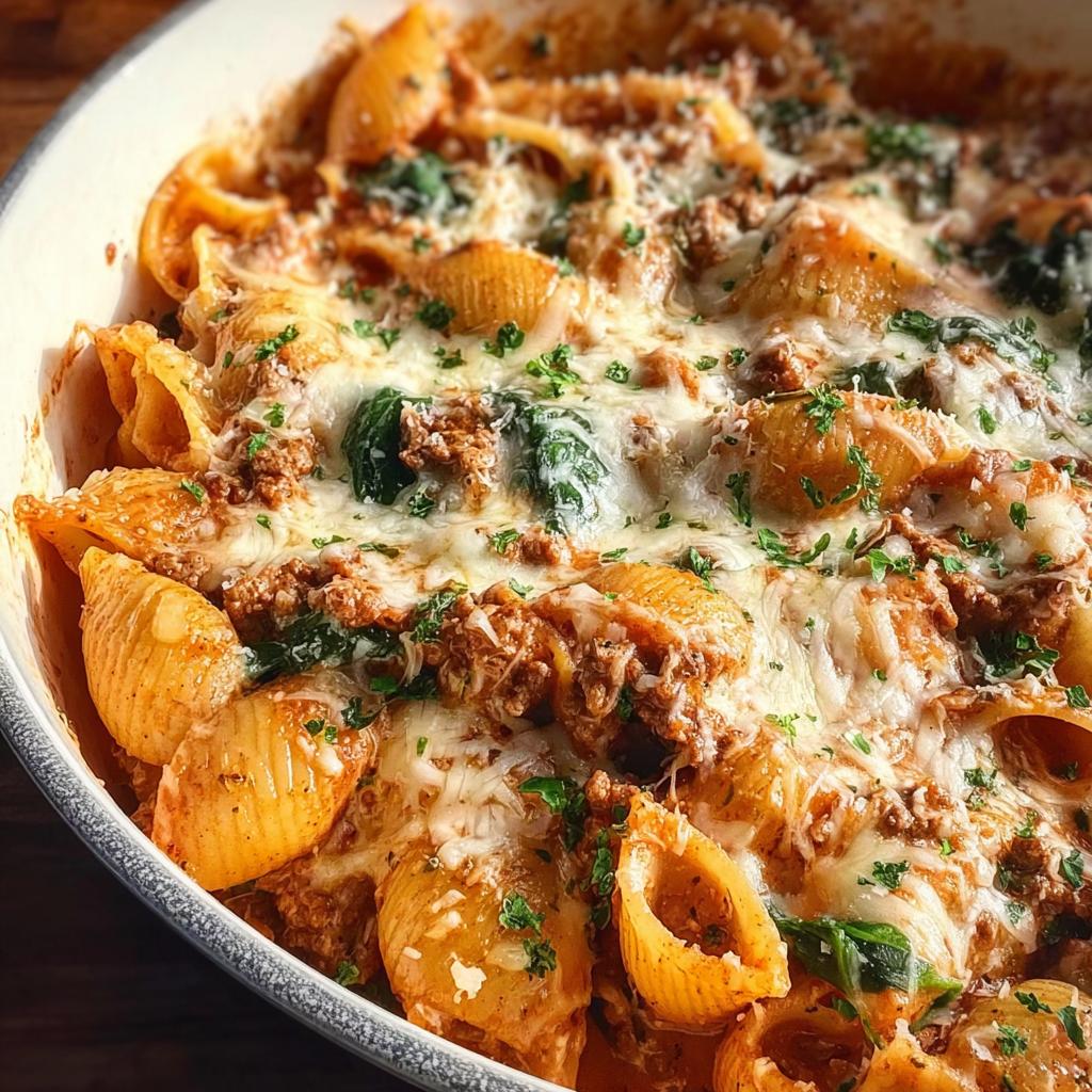 A close-up of a creamy high protein beef pasta bake, featuring shell pasta, rich meat sauce, melted cheese, and fresh parsley.