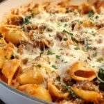 Close-up of a creamy high protein beef pasta bake with melted cheese and parsley.