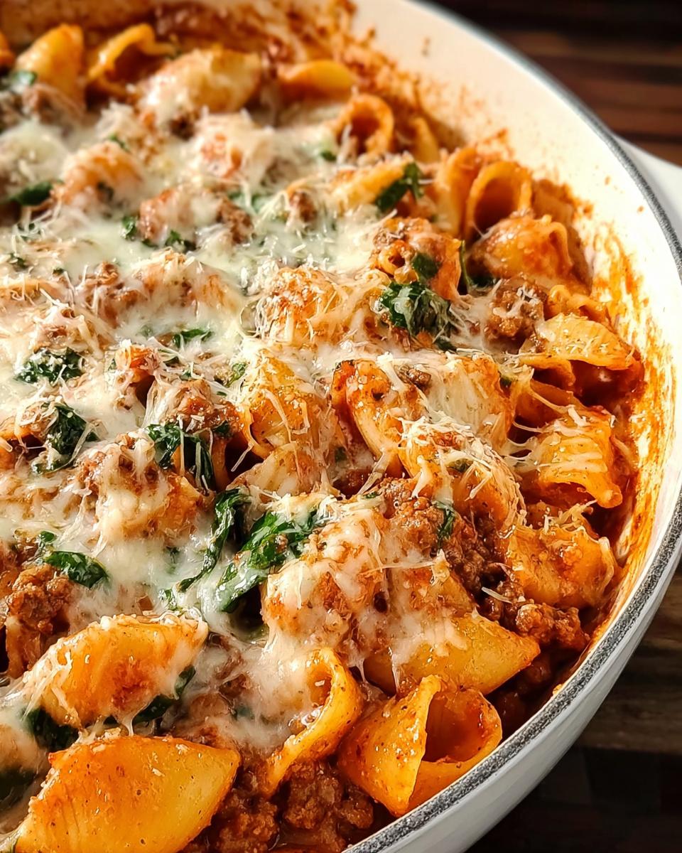 Close-up of a creamy high protein beef pasta bake in a white dish, topped with melted cheese and herbs.