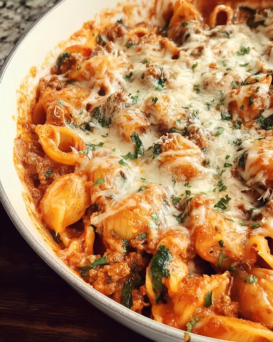 Close-up of a creamy high protein beef pasta dish baked with melted cheese and parsley.