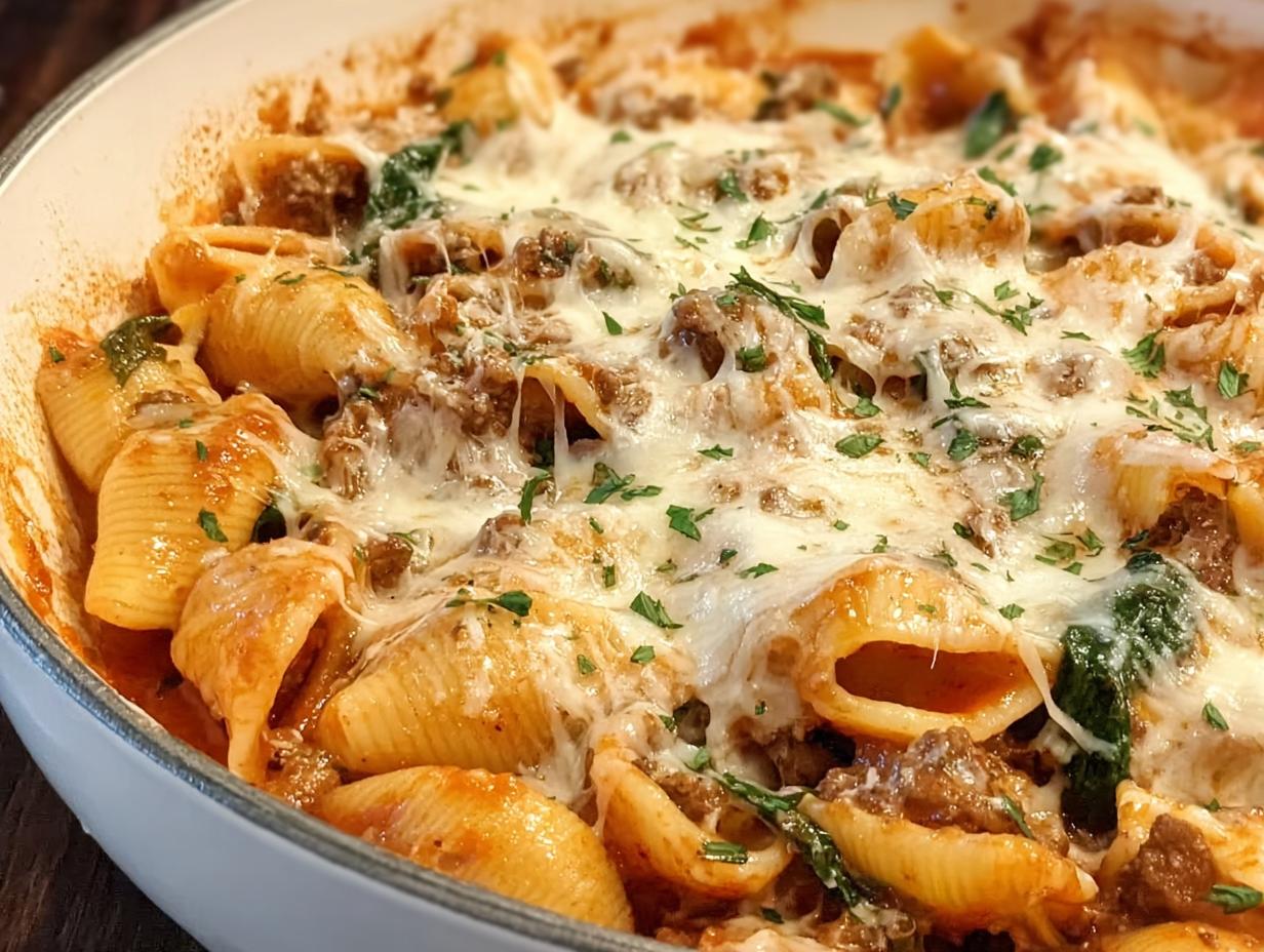 Close-up of a creamy high protein beef pasta bake with melted cheese and parsley.