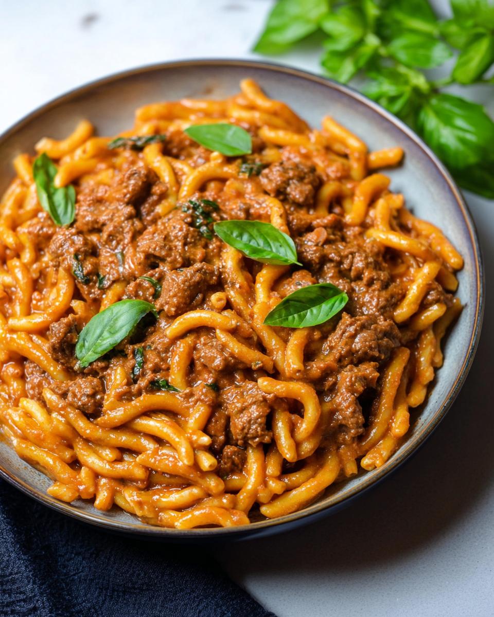 A bowl of Creamy High Protein Beef Pasta topped with fresh basil leaves.