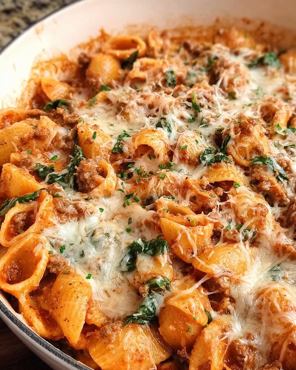 Close-up of a pan filled with Creamy High Protein Beef Pasta, featuring pasta shells, ground beef, spinach, and melted cheese.