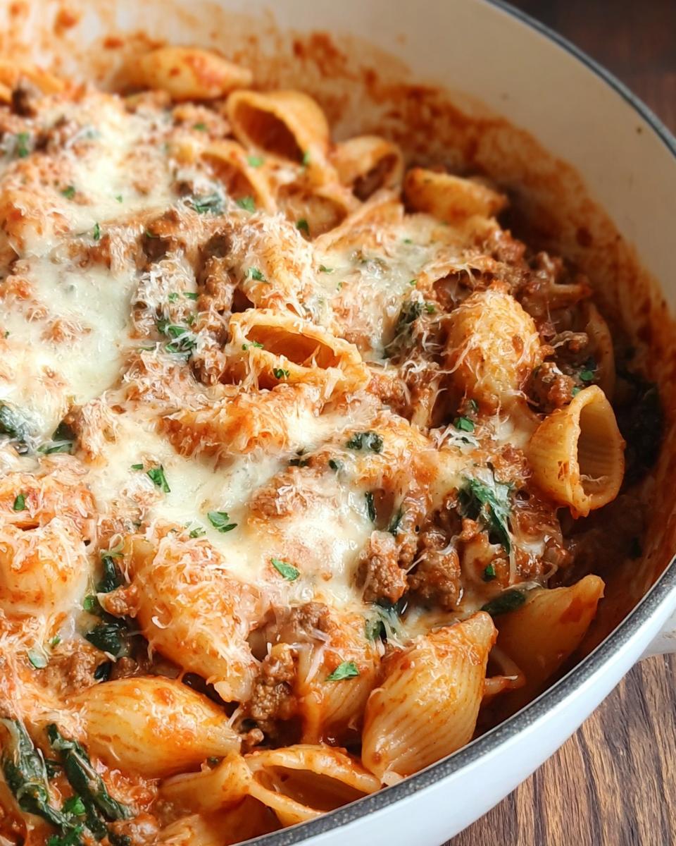 Close-up of a creamy high protein beef pasta dish baked with melted cheese and herbs in a white skillet.
