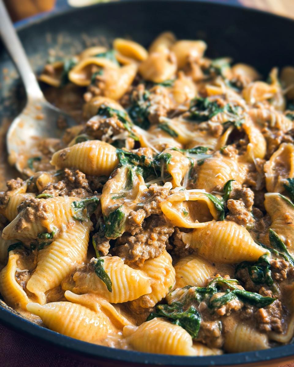 Close-up of Creamy High Protein Beef Pasta with shell pasta, ground beef, and spinach in a creamy sauce.