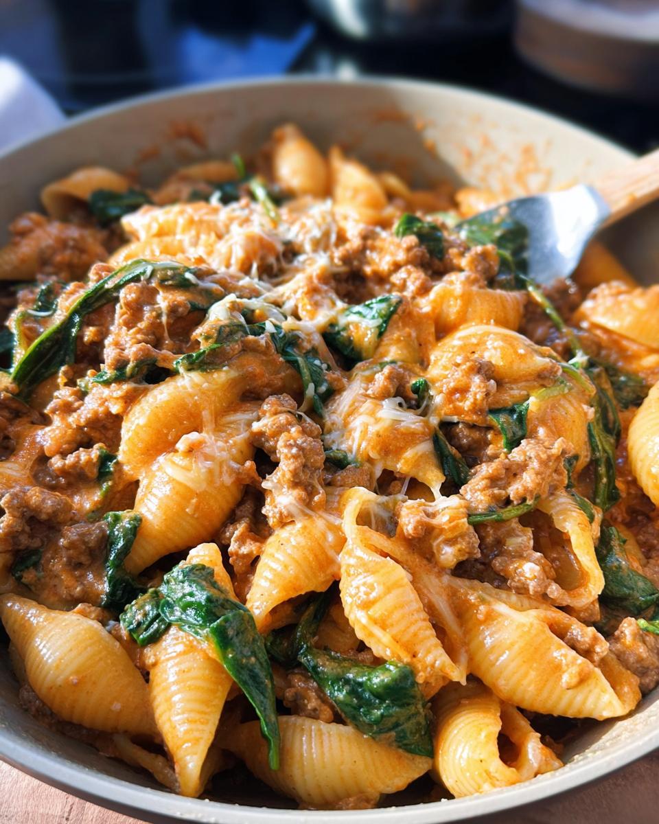 A close-up of Creamy High Protein Beef Pasta with spinach and melted cheese, served in a bowl.