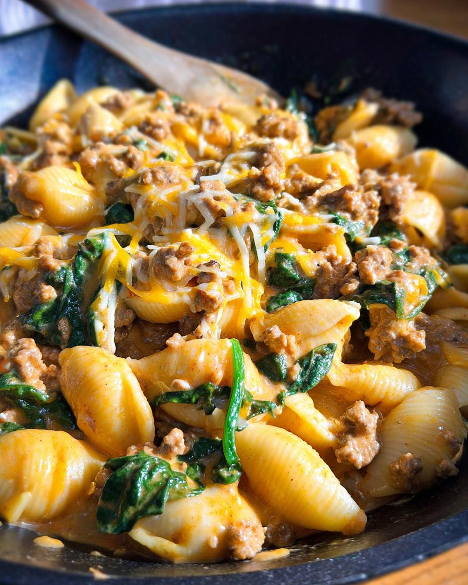 Close-up of Creamy High Protein Beef Pasta with shell pasta, ground beef, spinach, and melted cheese.
