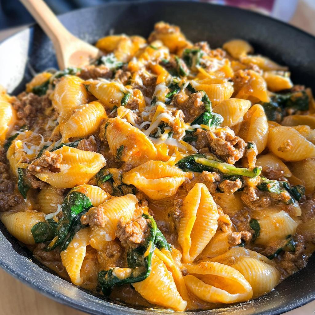 A close-up shot of a pan filled with Creamy High Protein Beef Pasta, featuring shell pasta, ground beef, and spinach in a rich sauce.