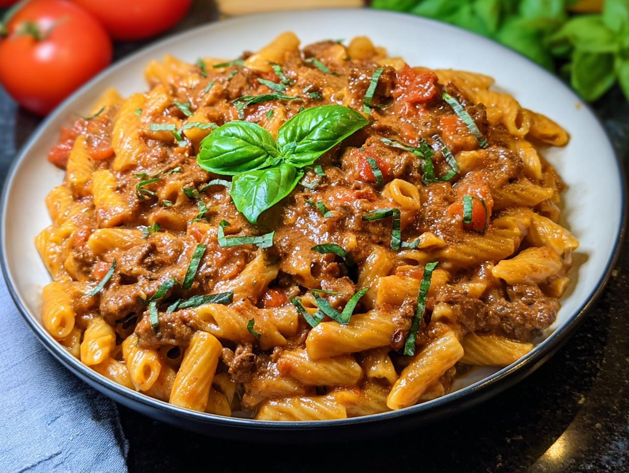 A close-up of a bowl of Creamy High Protein Beef Pasta, garnished with fresh basil.