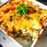 A close-up of a baked Creamy Low Carb Chicken Casserole in a white dish, topped with melted golden cheese and fresh parsley.