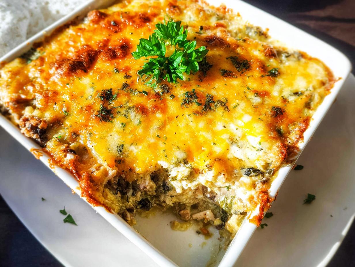 A close-up of a baked Creamy Low Carb Chicken Casserole in a white dish, topped with melted golden cheese and fresh parsley.
