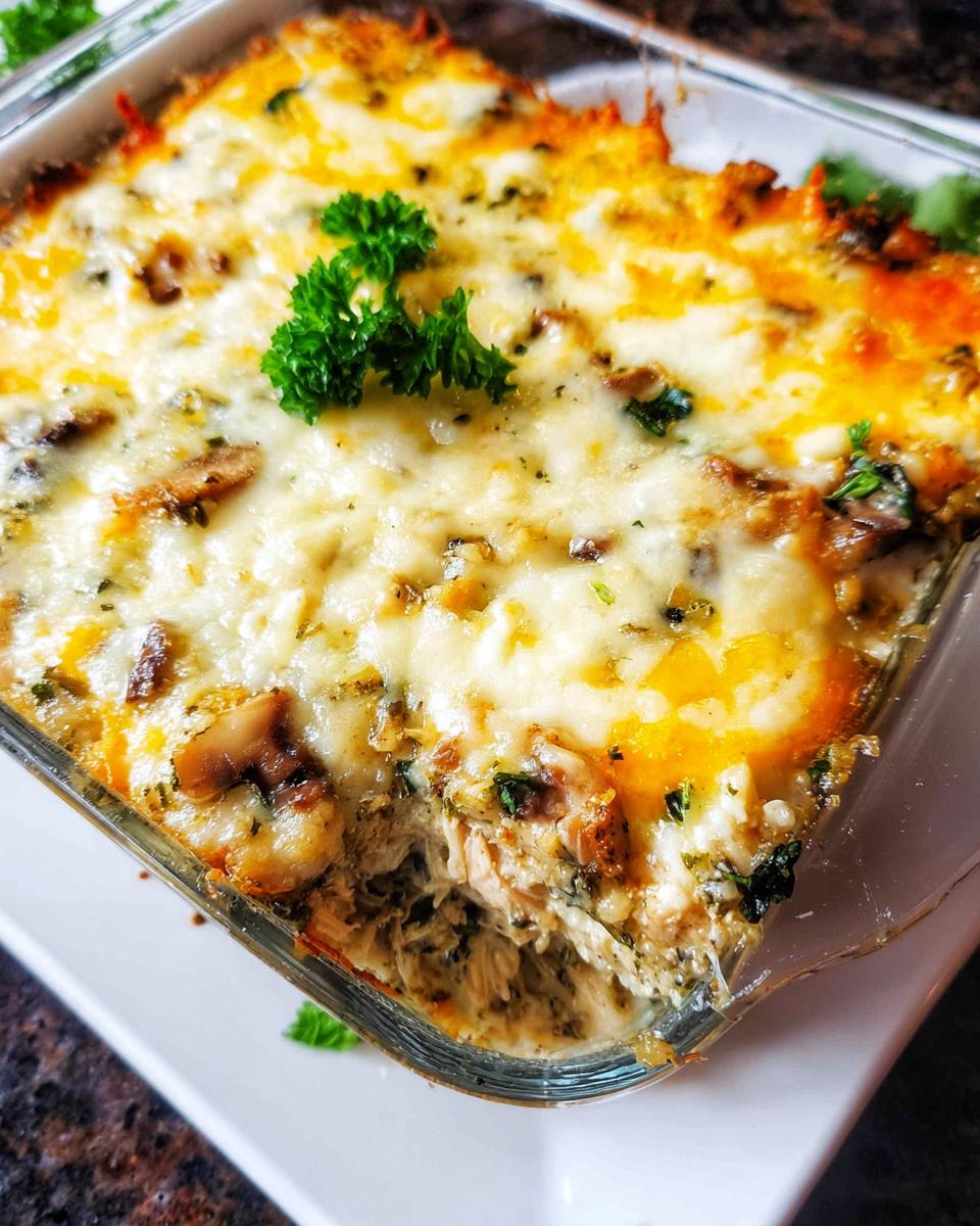 A close-up of a bubbly Creamy Low Carb Chicken Casserole, topped with melted cheese and garnished with parsley.