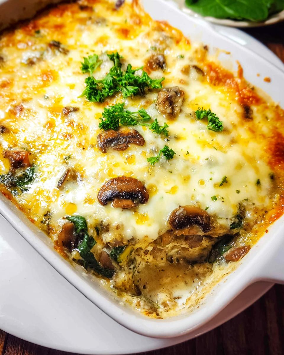 A close-up of a bubbling Creamy Low Carb Chicken Casserole topped with melted cheese, mushrooms, and parsley.