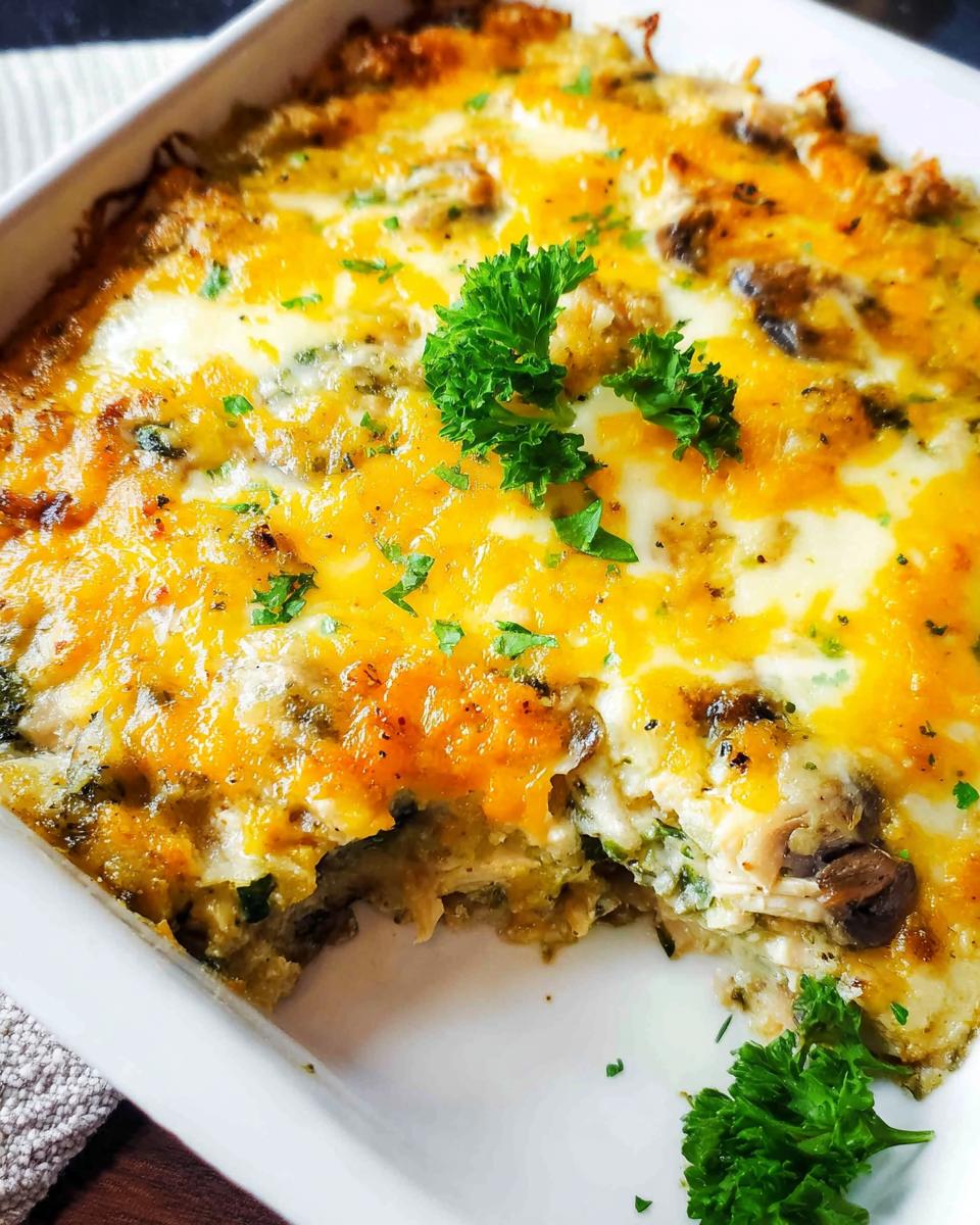 A close-up of a creamy low carb chicken casserole topped with melted cheddar cheese and fresh parsley.