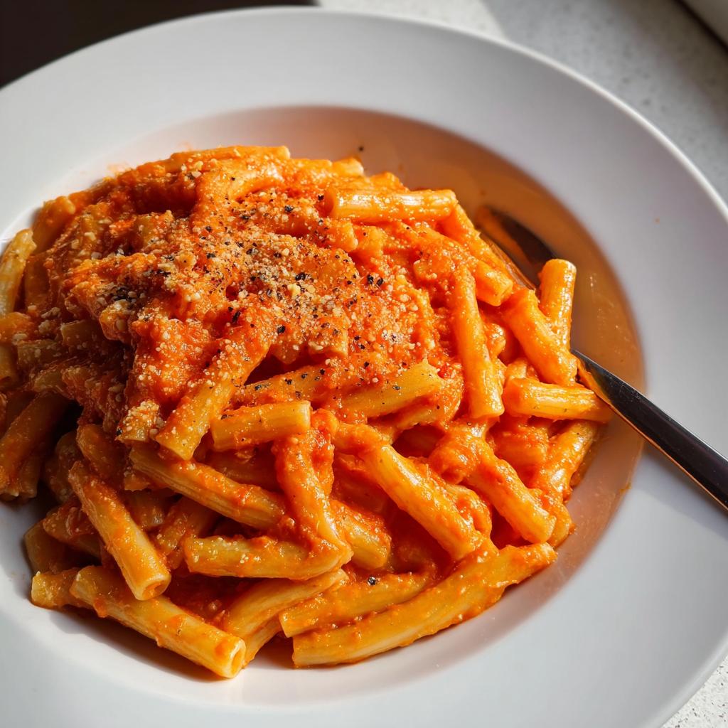 A close-up of a white bowl filled with creamy tomato garlic pasta, topped with grated cheese and black pepper.