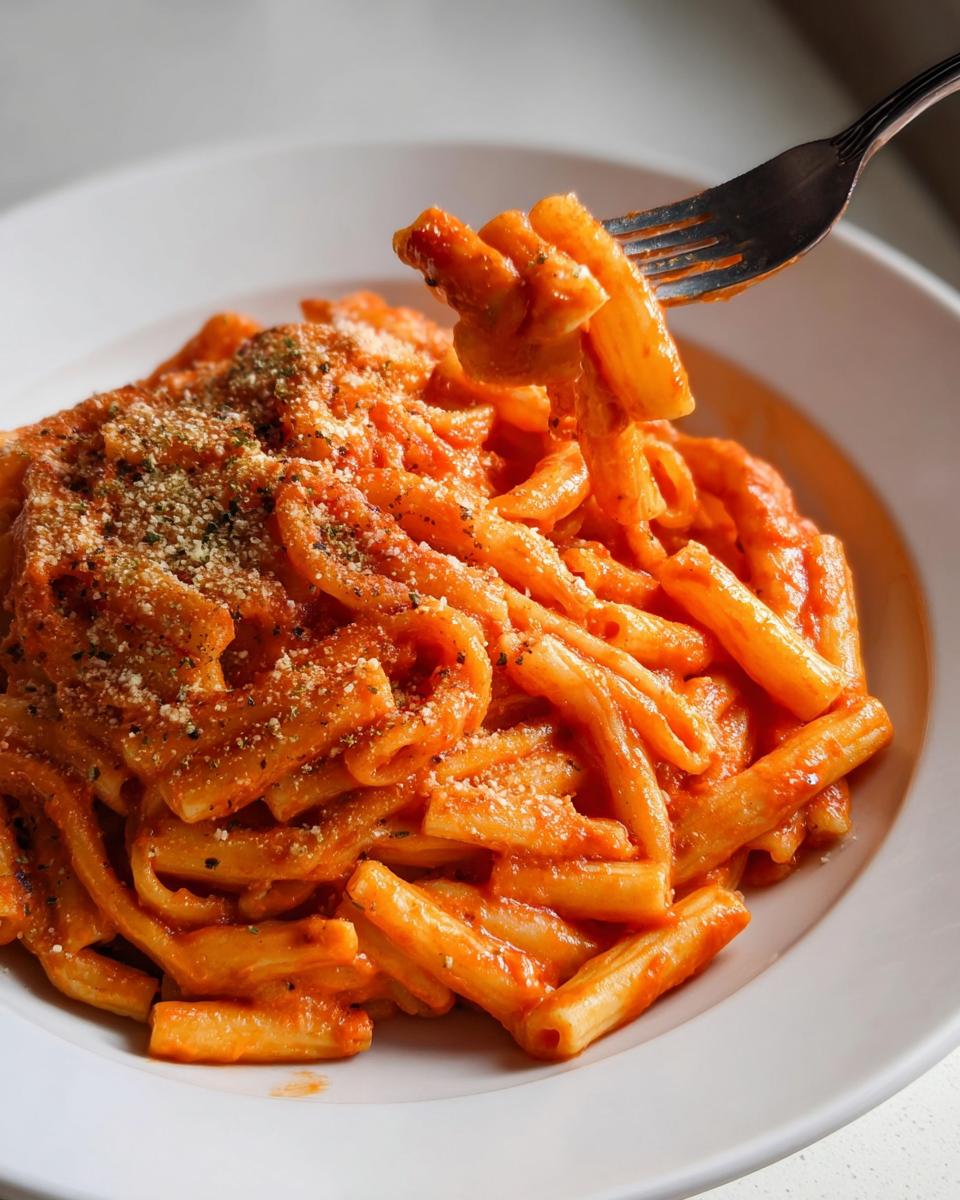 A fork lifting a portion of creamy tomato garlic pasta from a white plate, sprinkled with Parmesan cheese.