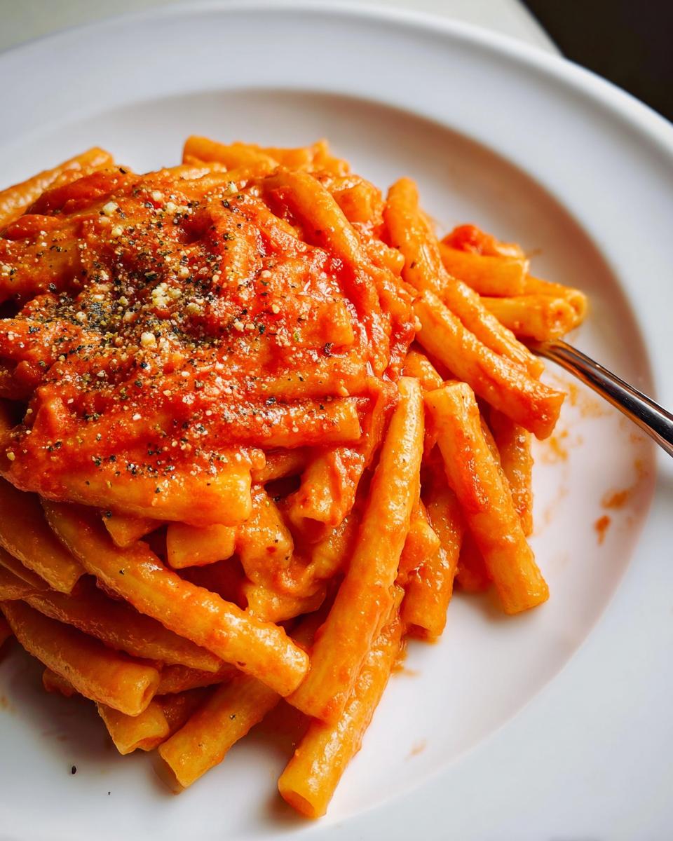 A close-up of creamy tomato garlic pasta with a sprinkle of cheese and black pepper.