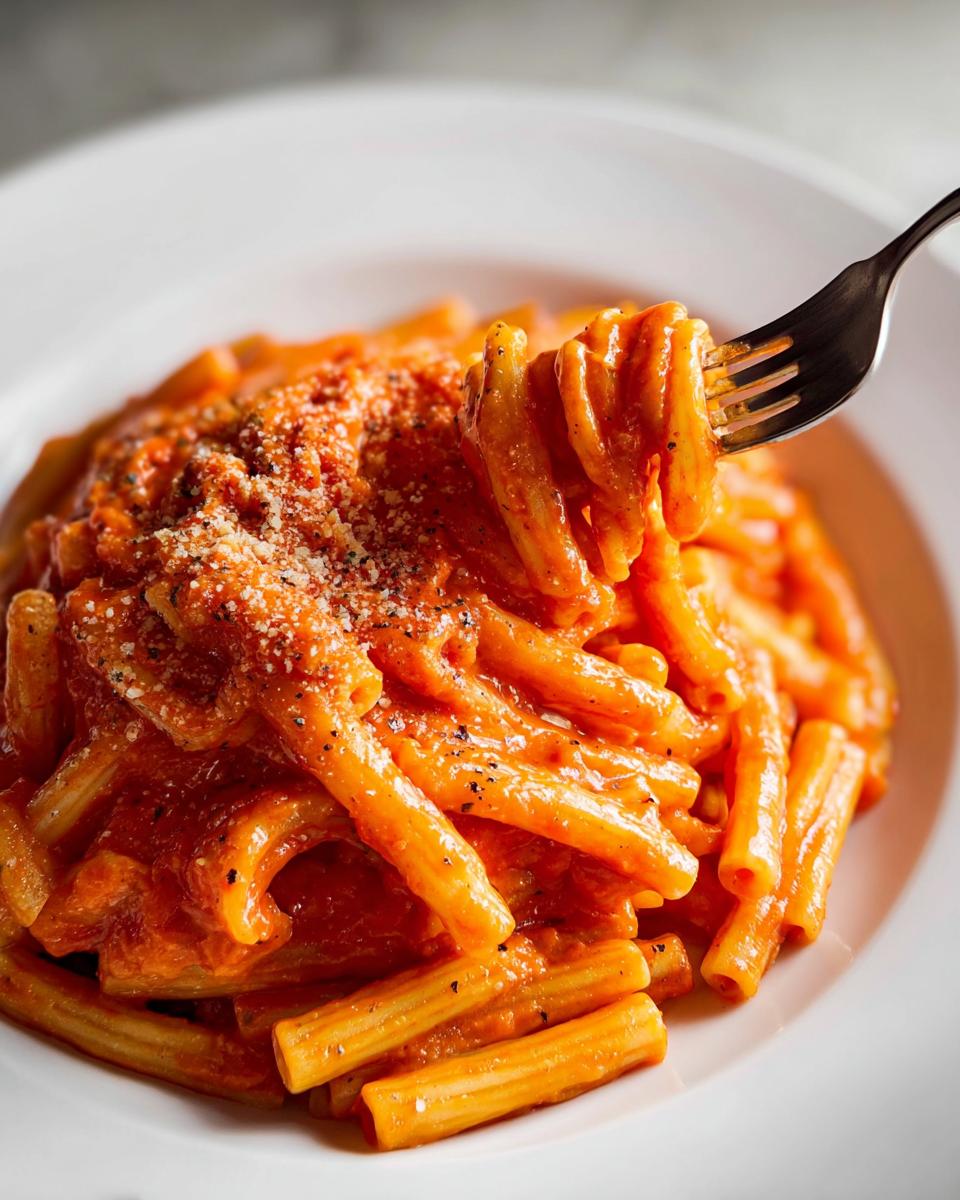 A fork twirls a portion of creamy tomato garlic pasta, topped with grated cheese and black pepper.