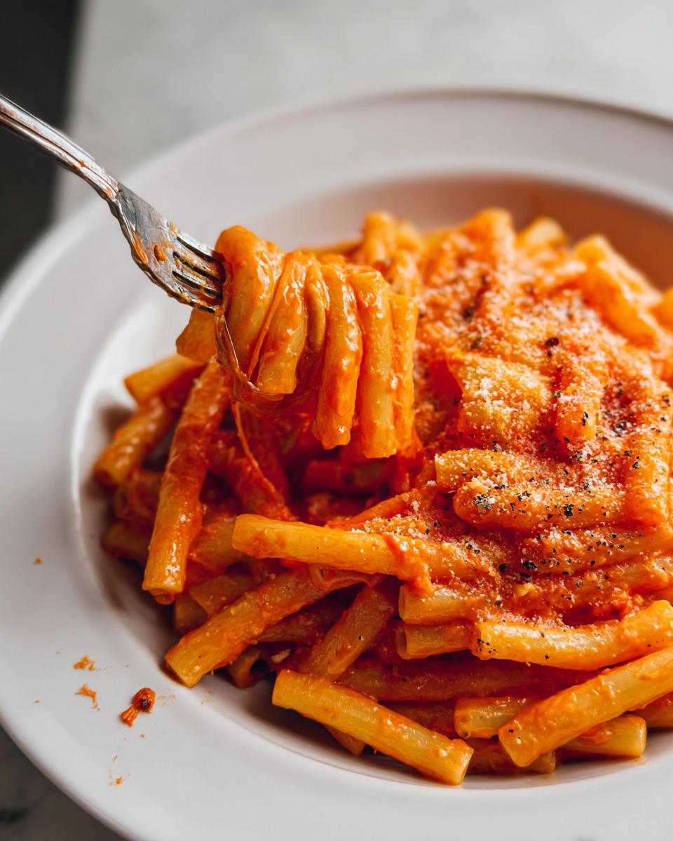 A fork twirls creamy tomato garlic pasta with ziti, topped with grated cheese and black pepper.