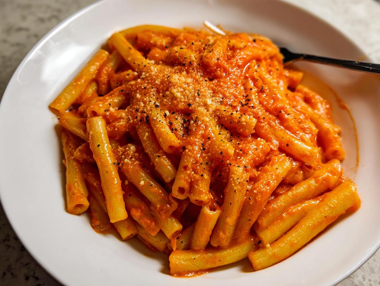 A close-up of a bowl of creamy tomato garlic pasta, topped with grated cheese and black pepper.