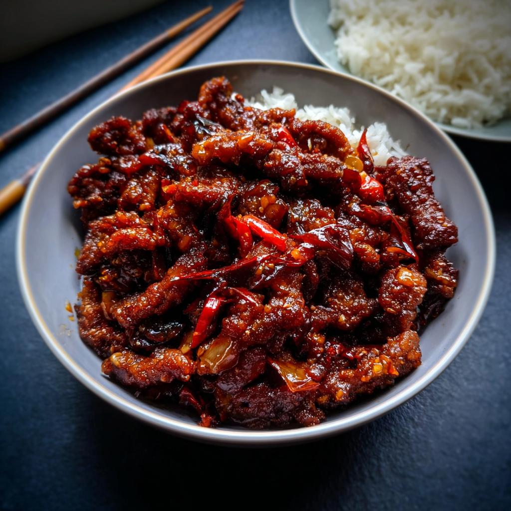 A close-up of a bowl filled with fluffy white rice and topped with glistening, crispy chilli beef.