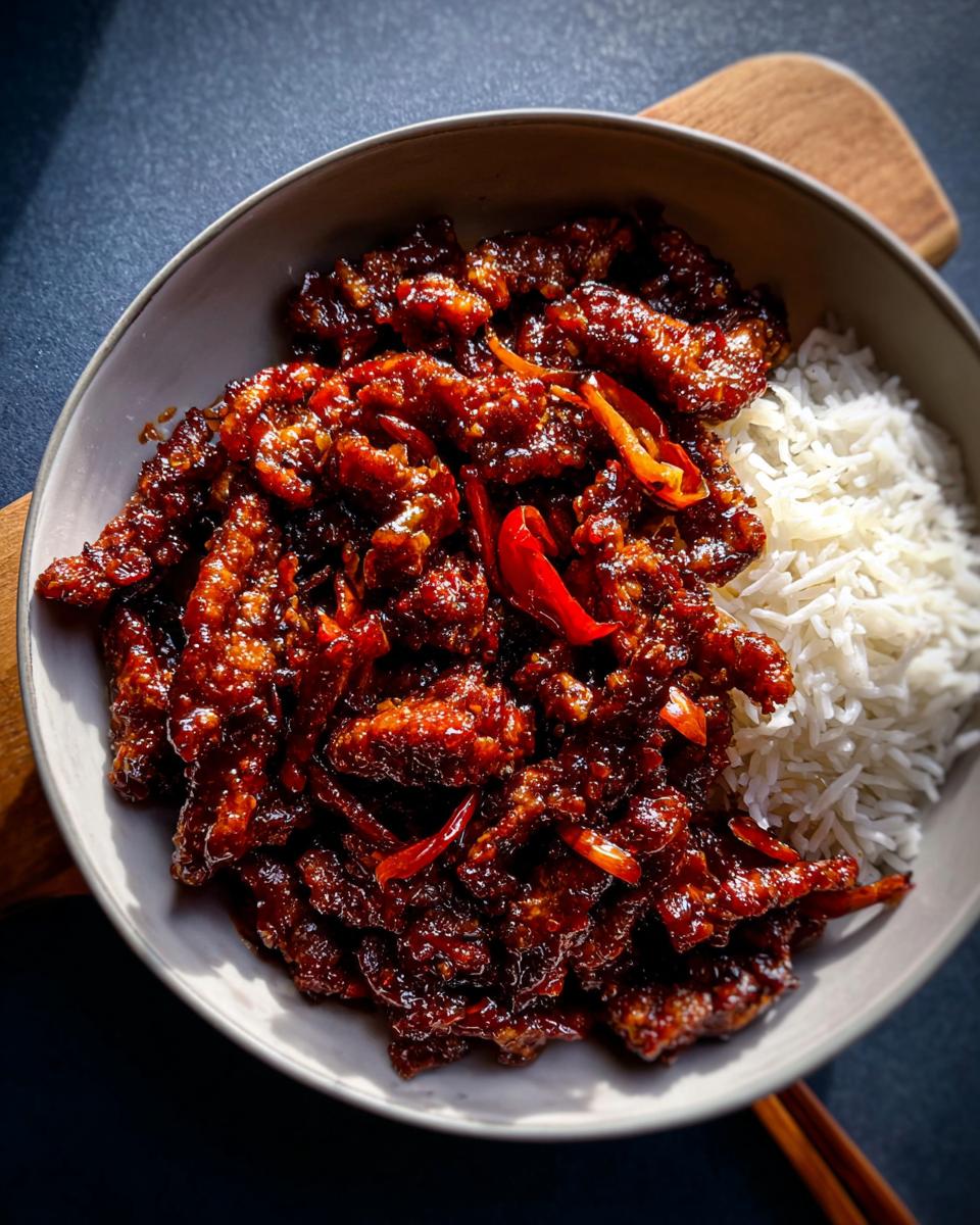 A bowl of fluffy white rice topped with glistening, crispy chilli beef and red chili slices.