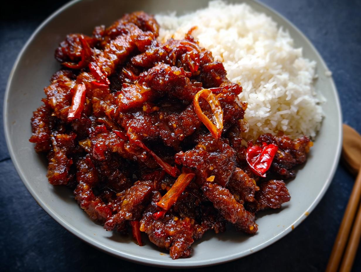 A close-up of a bowl of Crispy Chilli Beef Rice, featuring glossy, spicy beef strips next to fluffy white rice.