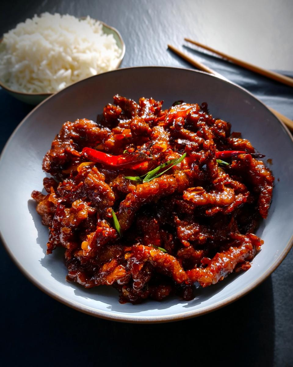 A close-up of a bowl of Crispy Chilli Beef Rice, glistening with sauce and garnished with chili peppers and green onions.