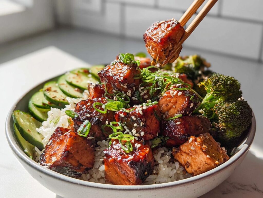 A close-up of a Crispy Salmon and Rice Bowl, featuring glazed salmon cubes, rice, sliced cucumbers, and broccoli florets, with chopsticks lifting a piece of salmon.