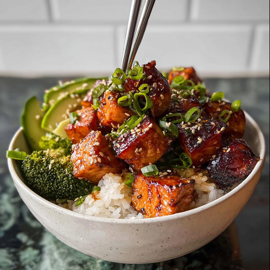 A delicious Crispy Salmon and Rice Bowl topped with sesame seeds and green onions, served with avocado and broccoli.