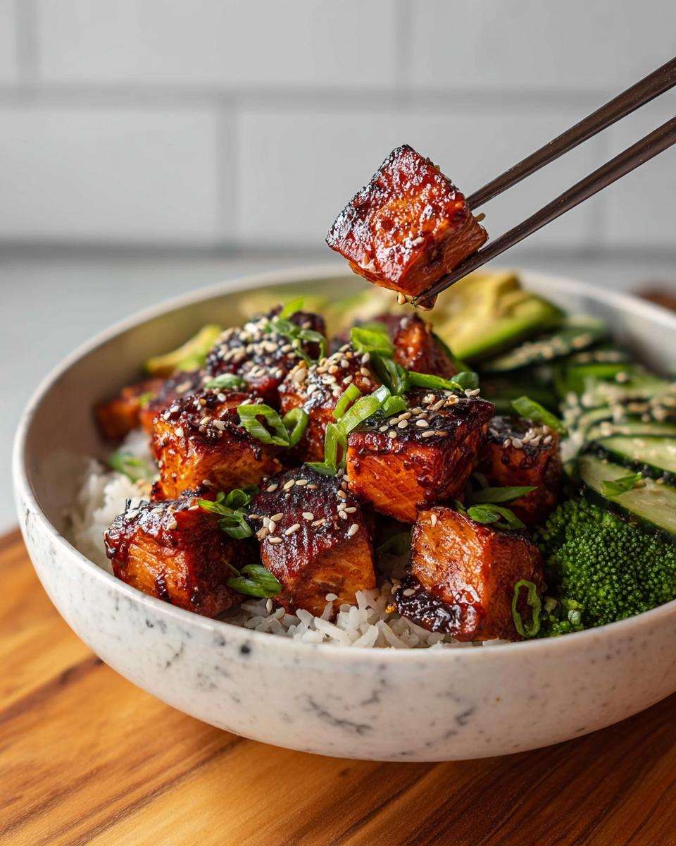 A close-up of a piece of crispy salmon being lifted from a Crispy Salmon and Rice Bowl with chopsticks.