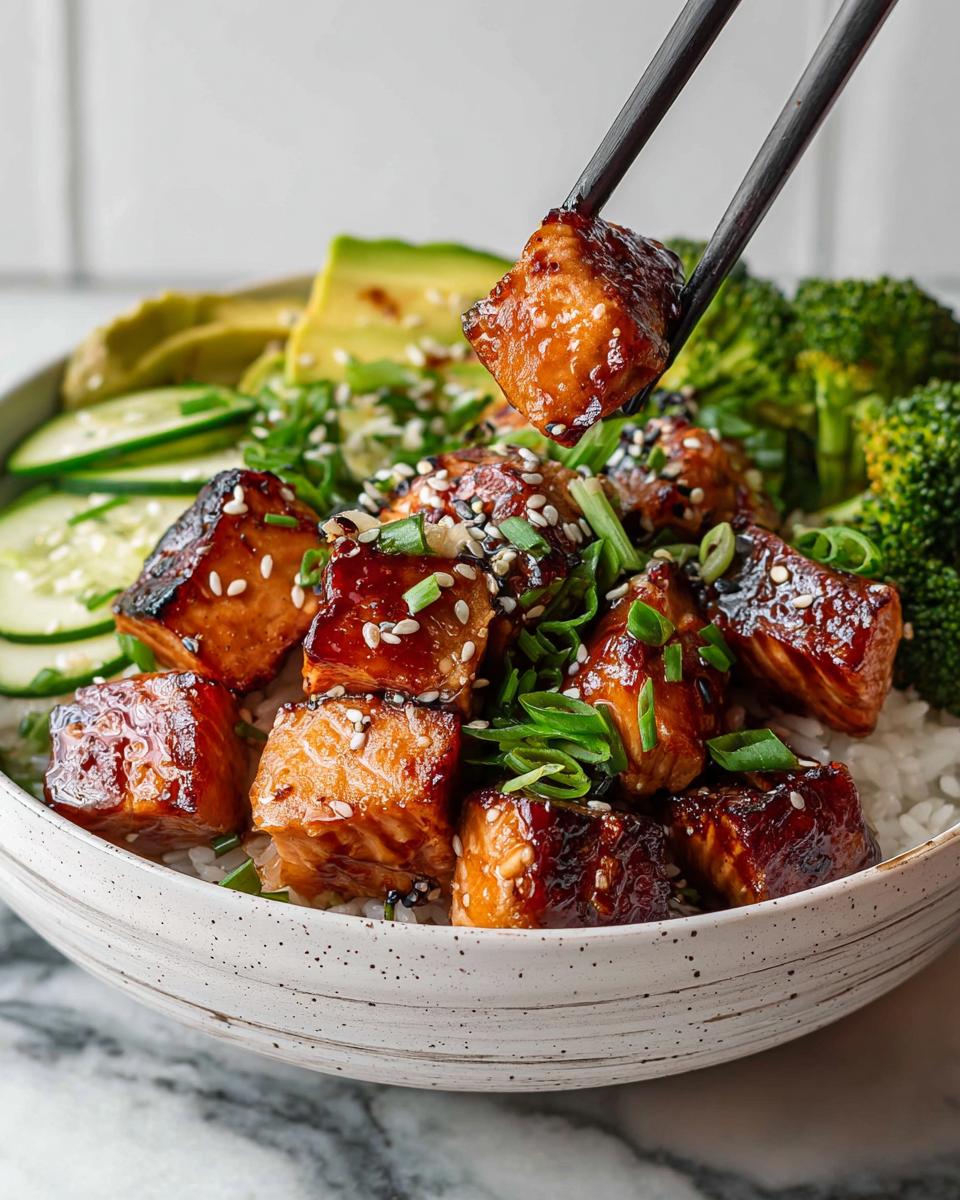 A close-up of a Crispy Salmon and Rice Bowl, featuring glazed salmon cubes being lifted by chopsticks, served with rice, avocado, cucumber, and broccoli.