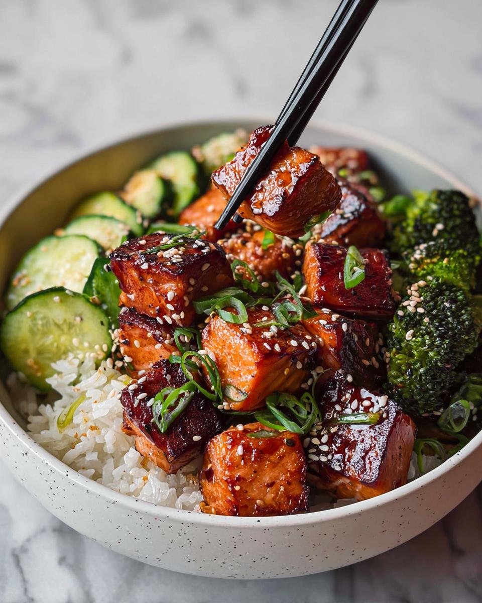 A close-up shot of a Crispy Salmon and Rice Bowl, featuring glazed salmon cubes, white rice, broccoli florets, and sliced cucumbers, garnished with sesame seeds and green onions.