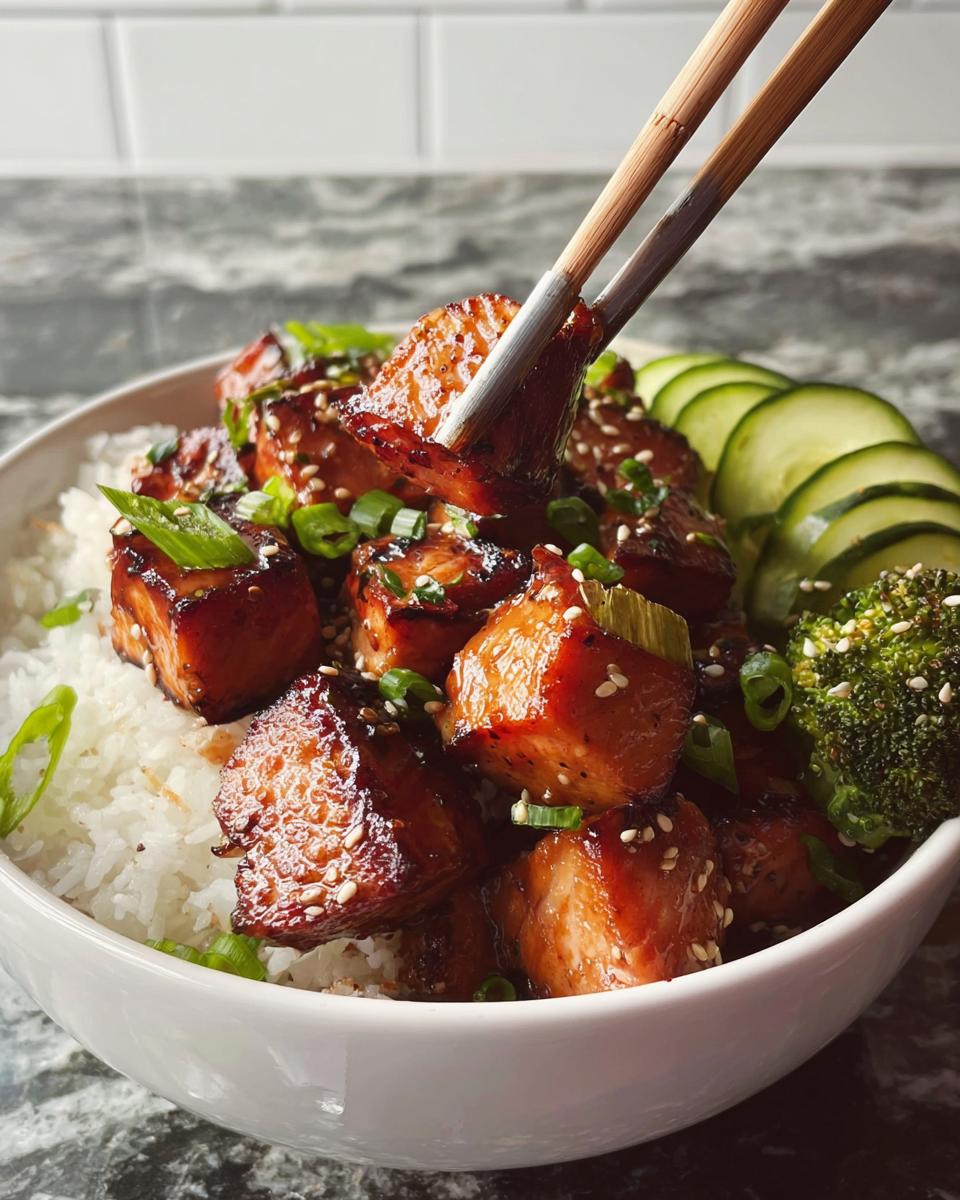 A close-up of a Crispy Salmon and Rice Bowl, with chopsticks lifting a piece of glazed salmon.