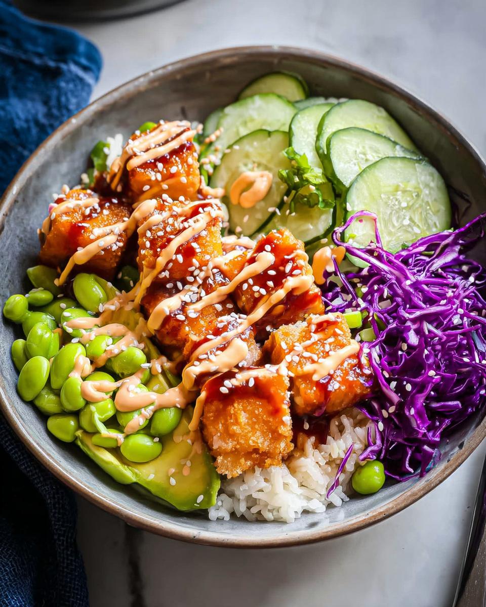 A vibrant Crispy Salmon and Rice Bowl featuring glazed salmon bites, edamame, sliced avocado, cucumber, and shredded red cabbage.